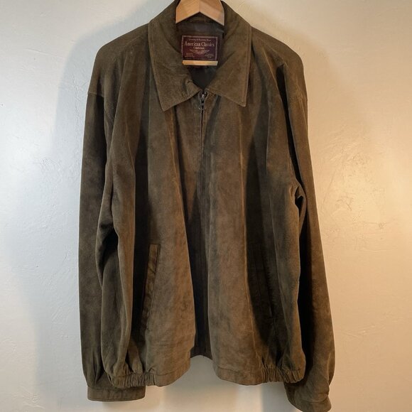 Vintage Colebrook Olive Green Suede Leather Bomber Harrington Jacket Mens XL - Picture 1 of 16